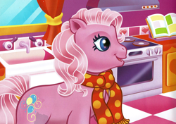 Size: 2162x1526 | Tagged: safe, artist:carlo loraso, pinkie pie (g3), earth pony, pony, g3, official, book:holiday talent show, christmas, clothes, cropped, holiday, kitchen, scan, scarf, solo