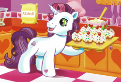 Size: 1880x1280 | Tagged: safe, artist:carlo loraso, sweetie belle (g3), pony, unicorn, g3, official, book:holiday talent show, cropped, cupcake, food, kitchen, scan, solo