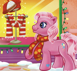 Size: 1777x1630 | Tagged: source needed, safe, artist:carlo loraso, pinkie pie (g3), earth pony, pony, g3, official, book:holiday talent show, christmas, clothes, cropped, hat, holiday, scan, scarf, solo, winter