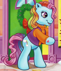 Size: 1447x1666 | Tagged: safe, artist:carlo loraso, rainbow dash (g3), earth pony, pony, g3, official, bipedal, book:holiday talent show, christmas, clothes, cropped, holiday, jacket, rainbow dash always dresses in style, scan, solo, sweater, turtleneck, winter, wreath