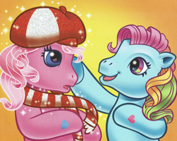Size: 2014x1615 | Tagged: safe, artist:carlo loraso, pinkie pie (g3), rainbow dash (g3), earth pony, pony, g3, official, bipedal, book:holiday talent show, clothes, cropped, duo, hat, holiday, scan, scarf, striped scarf