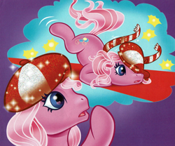 Size: 2017x1681 | Tagged: safe, artist:carlo loraso, pinkie pie (g3), earth pony, pony, g3, official, book:holiday talent show, carpet, clothes, cropped, dream sequence, hat, holiday, red carpet, scan, scarf, solo, striped scarf, thought bubble, tripping