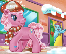 Size: 2020x1660 | Tagged: safe, artist:carlo loraso, pinkie pie (g3), rainbow dash (g3), earth pony, pony, g3, official, bipedal, book:holiday talent show, christmas, clothes, cropped, duo, hat, holiday, scan, scarf, snow, striped scarf, winter