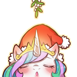 Size: 1159x1159 | Tagged: safe, artist:cold-blooded-twilight, princess celestia, pony, g4, blushing, christmas, crown, ear blush, eyes closed, hat, holiday, jewelry, kissy face, mistletoe, puckered lips, regalia, santa hat, simple background, solo, transparent background