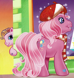 Size: 1390x1447 | Tagged: safe, artist:carlo loraso, pinkie pie (g3), toola-roola, earth pony, pony, g3, official, book:holiday talent show, clothes, cropped, duo, hat, holiday, peeking, scan, scarf, striped scarf, window