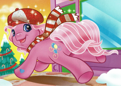 Size: 1615x1150 | Tagged: safe, artist:carlo loraso, pinkie pie (g3), earth pony, pony, g3, official, book:holiday talent show, christmas, christmas tree, clothes, cropped, from behind, hat, holiday, running, scan, scarf, snow, striped scarf, tree, winter
