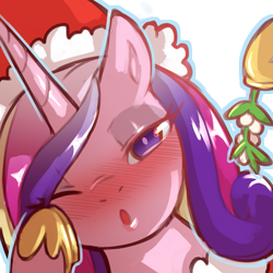 Size: 1159x1159 | Tagged: safe, artist:cold-blooded-twilight, princess cadance, pony, g4, blushing, christmas, eyeshadow, female, hat, holiday, hoof on cheek, hoof shoes, kissy face, looking at you, makeup, mistletoe, one eye closed, puckered lips, santa hat, simple background, solo, transparent background, wink