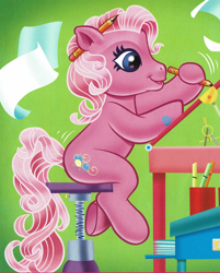 Size: 1483x1846 | Tagged: safe, artist:carlo loraso, pinkie pie (g3), earth pony, pony, g3, official, book:holiday talent show, cropped, desk, pencil, scan, sitting, solo, stool