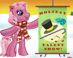Size: 1393x1102 | Tagged: safe, artist:carlo loraso, pinkie pie (g3), earth pony, pony, g3, official, bipedal, book:holiday talent show, clothes, cropped, scan, scarf, sign, solo, striped scarf