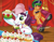 Size: 1843x1450 | Tagged: safe, artist:carlo loraso, scootaloo (g3), sweetie belle (g3), earth pony, pony, unicorn, g3, official, apron, batter, bipedal, book:holiday talent show, cake batter, chef's hat, clothes, cropped, cupcake, curtains, duo, food, hat, helmet, motorcycle, scan