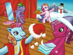 Size: 1996x1519 | Tagged: safe, artist:carlo loraso, cheerilee (g3), rainbow dash (g3), starsong, toola-roola, earth pony, pegasus, pony, g3, official, bipedal, book:holiday talent show, christmas, clothes, cropped, curtains, easel, group, hat, heart, heart eyes, holiday, mirror, painting, santa hat, scan, snowman, starry eyes, wingding eyes