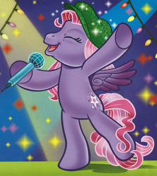 Size: 1645x1843 | Tagged: safe, artist:carlo loraso, starsong, pegasus, pony, g3, official, bipedal, book:holiday talent show, christmas, clothes, cropped, hat, lights, microphone, scan, singing, solo
