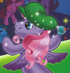 Size: 1438x1495 | Tagged: safe, artist:carlo loraso, starsong, earth pony, pegasus, pony, g3, official, audience, bipedal, book:holiday talent show, clothes, cropped, group, hat, microphone, scan, starry eyes, wingding eyes