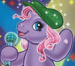 Size: 1825x1594 | Tagged: safe, artist:carlo loraso, starsong, pegasus, pony, g3, official, bipedal, book:holiday talent show, clothes, cropped, hat, microphone, scan, solo, starry eyes, starsawwwng, wingding eyes