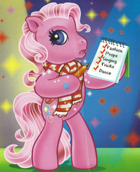 Size: 1504x1846 | Tagged: safe, artist:carlo loraso, pinkie pie (g3), earth pony, pony, g3, official, bipedal, book:holiday talent show, clothes, cropped, notepad, pencil, scan, scarf, solo, stage fright, striped scarf