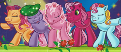 Size: 1969x847 | Tagged: safe, artist:carlo loraso, cheerilee (g3), pinkie pie (g3), rainbow dash (g3), scootaloo (g3), starsong, earth pony, pegasus, pony, g3, official, bipedal, book:holiday talent show, cropped, flower, group, rose, scan, stage, starry eyes, wingding eyes