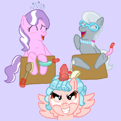 Size: 1080x1080 | Tagged: safe, artist:princessdestiny200i, cozy glow, alicorn, earth pony, pony, g4, alicornified, brush, cozycorn, eyes closed, feather, female, filly, glasses, glowing, glowing horn, gray background, grin, hoof tickling, horn, jewelry, laughing, levitation, magic, necklace, open mouth, race swap, simple background, smiling, stocks, telekinesis, tiara, tickle torture, tickling, trio