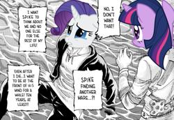 Size: 1251x859 | Tagged: safe, edit, rarity, twilight sparkle, pony, unicorn, a dog and pony show, g4, attack on titan, crying, duo, female, implied spike, male, manga, ship:sparity, shipping, spoilers for another series, straight