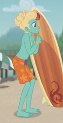 Size: 737x1440 | Tagged: safe, screencap, gladys, zephyr breeze, blue crushed, equestria girls, g4, my little pony equestria girls: better together, ankles, barefoot, clothes, cropped, feet, legs, male, partial nudity, shorts, smiling, surfboard, swimming trunks, swimsuit, topless, zephyr's necklace