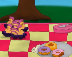 Size: 3570x2797 | Tagged: safe, artist:snow quill, cover art, donut, food, high res, no pony, paper, picnic blanket, roller skates, story in the source, tree