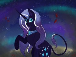 Size: 4000x3000 | Tagged: safe, artist:cresentmadness, nightmare rarity, pony, unicorn, g4, blue eyes, collar, colored pupils, crown, ethereal mane, female, gem, horn, jewelry, lidded eyes, long horn, looking at you, moon, purple mane, regalia, signature, smiling, solo, space, starry mane, starry tail, stars, tail