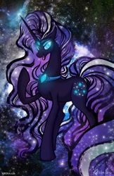Size: 647x1000 | Tagged: safe, artist:kiriska, nightmare rarity, pony, unicorn, g4, blue eyes, collar, colored pupils, crown, ethereal mane, eyelashes, female, flowing mane, flowing tail, gem, glowing, glowing eyes, horn, jewelry, long horn, looking at you, open mouth, purple mane, purple tail, regalia, signature, smiling, solo, space, starry mane, starry tail, stars, tail