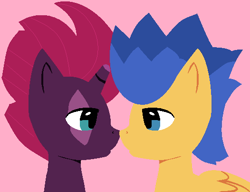 Size: 526x403 | Tagged: safe, artist:jadeharmony, artist:swaggykittycat, flash sentry, tempest shadow, pegasus, pony, unicorn, g4, base used, boop, broken horn, eye scar, female, horn, just kiss already, looking at each other, male, mare, noseboop, pink background, scar, shipping, simple background, stallion, straight, tempestsentry