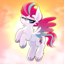 Size: 2000x2000 | Tagged: safe, artist:saveraedae, zipp storm, pegasus, pony, g5, my little pony: a new generation, cheek fluff, chest fluff, cloud, feathered wings, female, flying, high res, lidded eyes, looking at you, mare, solo, spread wings, sunset, three quarter view, unshorn fetlocks, wings