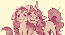 Size: 2631x1438 | Tagged: safe, artist:imalou, edit, izzy moonbow, sunny starscout, earth pony, pony, unicorn, g5, my little pony: a new generation, behind the scenes, blushing, cheek squish, cheek to cheek, concept art, cropped, cute, duo, female, izzybetes, looking at you, mare, monochrome, one ear down, open mouth, simple background, sitting, smiling, squishy cheeks, sunnybetes, white background