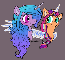 Size: 785x728 | Tagged: safe, artist:sallindaemon, izzy moonbow, sunny starscout, alicorn, pony, unicorn, g5, my little pony: a new generation, artificial wings, augmented, female, gray background, horn, hug, lesbian, magic, magic horn, magic wings, mane stripe sunny, race swap, ship:moonscout, shipping, simple background, sunnycorn, winghug, wings