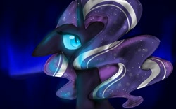 Size: 1280x800 | Tagged: safe, artist:crystalsketch342, nightmare rarity, pony, unicorn, g4, blue background, blue eyes, ethereal mane, female, flowing mane, glowing, glowing eyes, horn, night, purple mane, simple background, solo, starry mane, stars