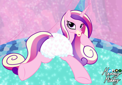 Size: 2360x1640 | Tagged: safe, artist:mommymidday, princess cadance, alicorn, pony, g4, abdl, adult diaper, adult foal, bedroom, butt, canopy bed, cute, diaper, diaper butt, diaper fetish, eyelashes, female, fetish, long mane, looking at you, looking back, looking back at you, lovebutt, lying down, mare, mommy midday, multicolored hair, non-baby in diaper, pacifier, pink pony, plot, poofy diaper, presenting, princess, prone, show accurate, signature, solo, spread legs, tail, tail hole, white diaper