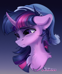 Size: 1500x1800 | Tagged: safe, artist:mithriss, twilight sparkle, pony, collaboration:too many twilight, g4, bust, chest fluff, collaboration, curved horn, female, floppy ears, hat, horn, mare, portrait, solo, tired