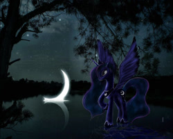 Size: 1024x820 | Tagged: safe, artist:empress-twilight, princess luna, alicorn, pony, g4, crescent moon, female, mare, moon, night, reflection, sky, slender, solo, tangible heavenly object, thin, tree, water