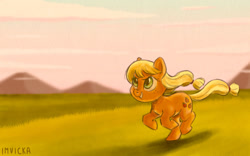 Size: 1280x800 | Tagged: safe, artist:imvicka, applejack, earth pony, pony, g4, confident, cute, grass, grass field, hatless, jackabetes, missing accessory, running, smiling, solo