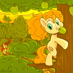 Size: 1280x1280 | Tagged: safe, artist:imvicka, bright mac, pear butter, earth pony, pony, g4, apple, apple tree, climbing, exclamation point, female, male, mouth hold, pear tree, ship:brightbutter, shipping, smiling, straight, teenager, tree, younger