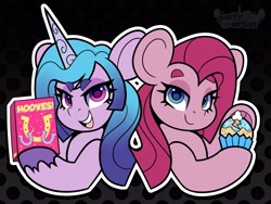 Size: 4096x3074 | Tagged: safe, artist:partypievt, izzy moonbow, pinkie pie, earth pony, pony, unicorn, fanfic:cupcakes, g4, g5, my little pony: a new generation, back to back, bedroom eyes, cereal, creepypasta, cupcake, duo, duo female, eye clipping through hair, eyebrows, eyebrows visible through hair, female, food, grinded pony hooves, implied death, izzy and her heroine, izzymena moonbow, looking at you, pinkamena diane pie, smiling, smiling at you, smirk, soylent green, the new pinkie pie, unshorn fetlocks