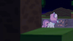 Size: 1376x776 | Tagged: safe, artist:jan, edit, button mash, sweetie belle, earth pony, enderman, enderpony, pony, undead, unicorn, zombie, don't mine at night, g4, animated, apple bloom's bow, bow, butt, cookie, creeper (minecraft), diamond pickaxe, dropped, duo, eating, food, hair bow, hoof hold, iron ore, items, minecraft, mouth hold, nom, pickaxe, plot, ponified, running, running away, scared, shrunken pupils, sweat, sweetie butt, sword, this ended in death, torch, tree, video, video at source, video game crossover, weapon, webm, youtube link