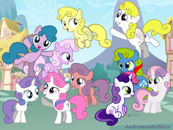 Size: 1024x768 | Tagged: safe, artist:andromendaskies, baby glory, baby half note, baby lickety split, baby lofty, baby moondancer, baby ribbon, baby surprise, ember (g1), sweetie belle, sweetie belle (g3), earth pony, pegasus, pony, unicorn, g1, g3, g4, baby, baby adoraprise, baby dancerbetes, baby glorybetes, baby hawwlf note, baby licketybetes, baby lofty can fly, baby loftybetes, baby pony, baby ribbondorable, baby surprise can fly, cute, dancing, diasweetes, ember (pink), female, filly, flying, g1 emberbetes, g1 to g4, g3 diasweetes, g3 to g4, generation leap, generational ponidox, generations, grin, group, not izzy moonbow, on top, open mouth, open smile, ponyville, recolor, running, sitting, smiling, talking