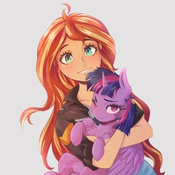 Size: 4000x4000 | Tagged: safe, artist:katakiuchi4u, sunset shimmer, twilight sparkle, alicorn, pony, equestria girls, chest fluff, cute, duo, ear fluff, female, freckles, holding a pony, looking at you, one eye closed, peppered bacon, shimmerbetes, simple background, smiling, twiabetes, twilight sparkle (alicorn), white background