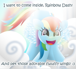 Size: 2904x2646 | Tagged: safe, artist:php178, derpibooru exclusive, rainbow dash, pegasus, pony, g4, .svg available, :3, :d, all is well, bait and switch, beautiful, big eyes, big smile, bronybait, cloud, cute, cute face, cute smile, cuteness overload, dashabetes, dilated pupils, eager, excited, excitement, face down ass up, female, fluffy, font, fwuffy, high res, hnnng, house, inkscape, innocent innuendo, iwtcird, lens flare, lineless, mare, meme, misspelling, offscreen character, open mouth, open smile, outdoors, paraprosdokian, pillar, pun, rainbow, rainbow dash's house, raised tail, sky, smiling, solo, spread wings, sunlight, svg, tail, talking, vector, wing fluff, wings