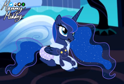 Size: 2044x1379 | Tagged: safe, artist:mommymidday, princess luna, alicorn, pony, g4, abdl, adult foal, bedroom, clothes, cute, diaper, diaper butt, diaper fetish, eyelashes, female, fetish, long mane, looking up, lying down, mare, non-baby in diaper, pacifier, plushie, ponyloaf, princess, prone, shiny eyes, show accurate, signature, solo, the wizard of oz