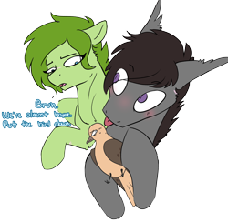 Size: 3304x3227 | Tagged: safe, artist:cold blight, oc, oc only, oc:lief, oc:windwalker, bat pony, bird, dove, pony, :p, bat pony oc, blushing, bruh, cute, dialogue, duo, ear fluff, high res, holding, looking back, mourning dove, silly, simple background, tongue out, transparent background, windsong