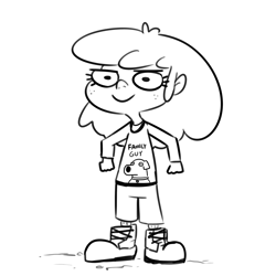 Size: 3300x3300 | Tagged: safe, artist:tjpones, apple bloom, human, g4, black and white, boots, brian griffin, clothes, family guy, female, freckles, grayscale, high res, humanized, male, monochrome, oversized clothes, shirt, shoes, simple background, smiling, solo, white background