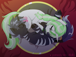 Size: 1600x1200 | Tagged: safe, artist:willoillo, oc, oc:shadow strike, hybrid, pony, unicorn, zebra, zony, commission, couple, sleeping