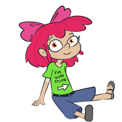 Size: 3300x3300 | Tagged: safe, artist:tjpones, apple bloom, human, g4, clothes, female, freckles, high res, humanized, i'm with stupid, looking at you, moderate dark skin, sandals, shirt, simple background, sitting, smiling, smiling at you, solo, text on clothing, text on shirt, white background