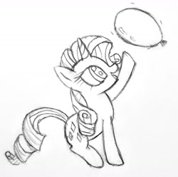 Size: 1296x1289 | Tagged: safe, artist:mizhisha, rarity, pony, unicorn, g4, balloon, black and white, grayscale, monochrome, playing, sketch, solo, that pony sure does love balloons, traditional art