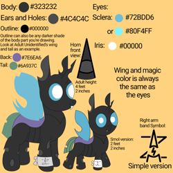 Size: 2000x2000 | Tagged: safe, artist:theunidentifiedchangeling, oc, oc only, oc:[unidentified], changeling, arm band, buggo, changeling oc, digital art, fangs, foal, high res, horn, looking at you, male, reference sheet, simple background, smiling, smiling at you, solo, standing, symbol, three quarter view, wings