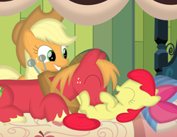 Size: 3576x2774 | Tagged: safe, artist:porygon2z, apple bloom, applejack, big macintosh, earth pony, pony, g4, adorabloom, bed, blank flank, brother and sister, cute, female, filly, high res, lying down, macabetes, male, mare, misleading thumbnail, not what it looks like, nuzzling, on back, pillow, siblings, stallion, tickling, tongue out, unshorn fetlocks