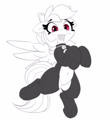 Size: 2724x3074 | Tagged: safe, artist:pabbley, rainbow dash, pegasus, pony, g4, animal costume, bell, bell collar, belly button, black and white, cat costume, cat ears, clothes, collar, costume, cute, cute little fangs, dashabetes, fangs, female, grayscale, high res, mare, monochrome, open mouth, open smile, partial color, rainbow cat, sexy, simple background, smiling, solo, stupid sexy rainbow dash, white background